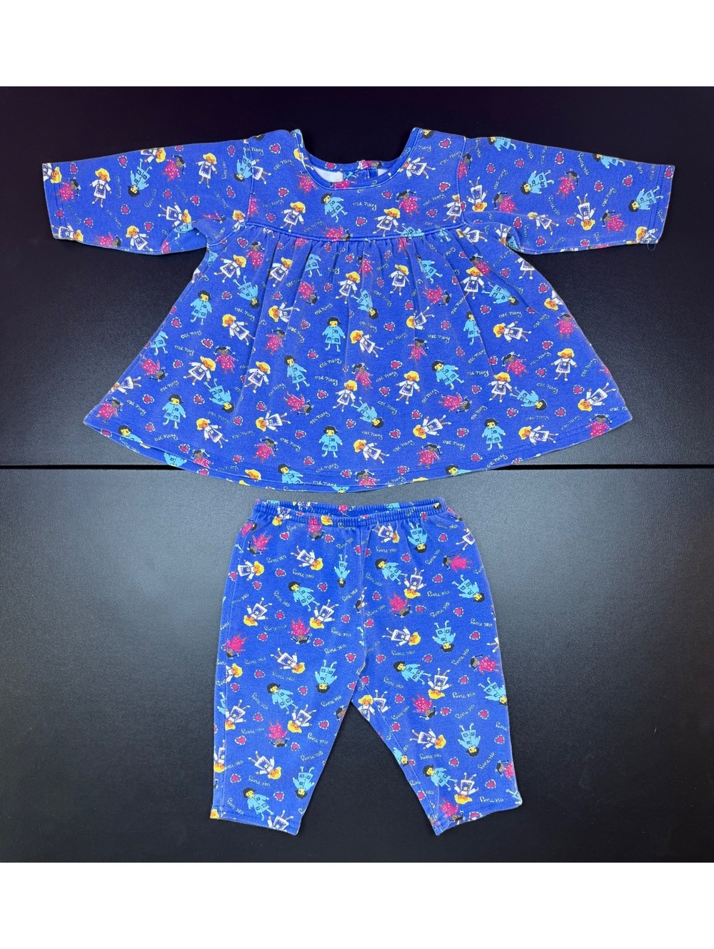 Vintage 90s Y2K Old Navy Baby 6-12M Doll Print Outfit Set Top Pants Blue
